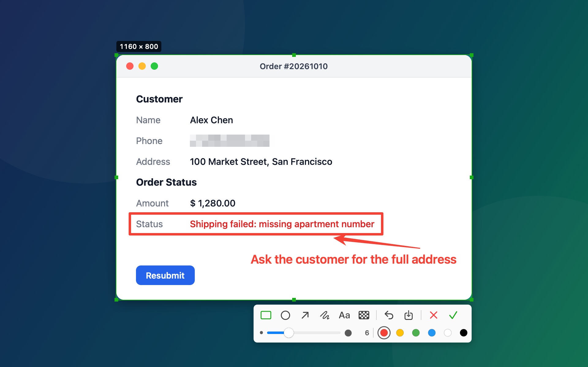 Snipnote capturing an order window: a rectangle around an error, an arrow with a note, a mosaic over the phone number, and the toolbar below