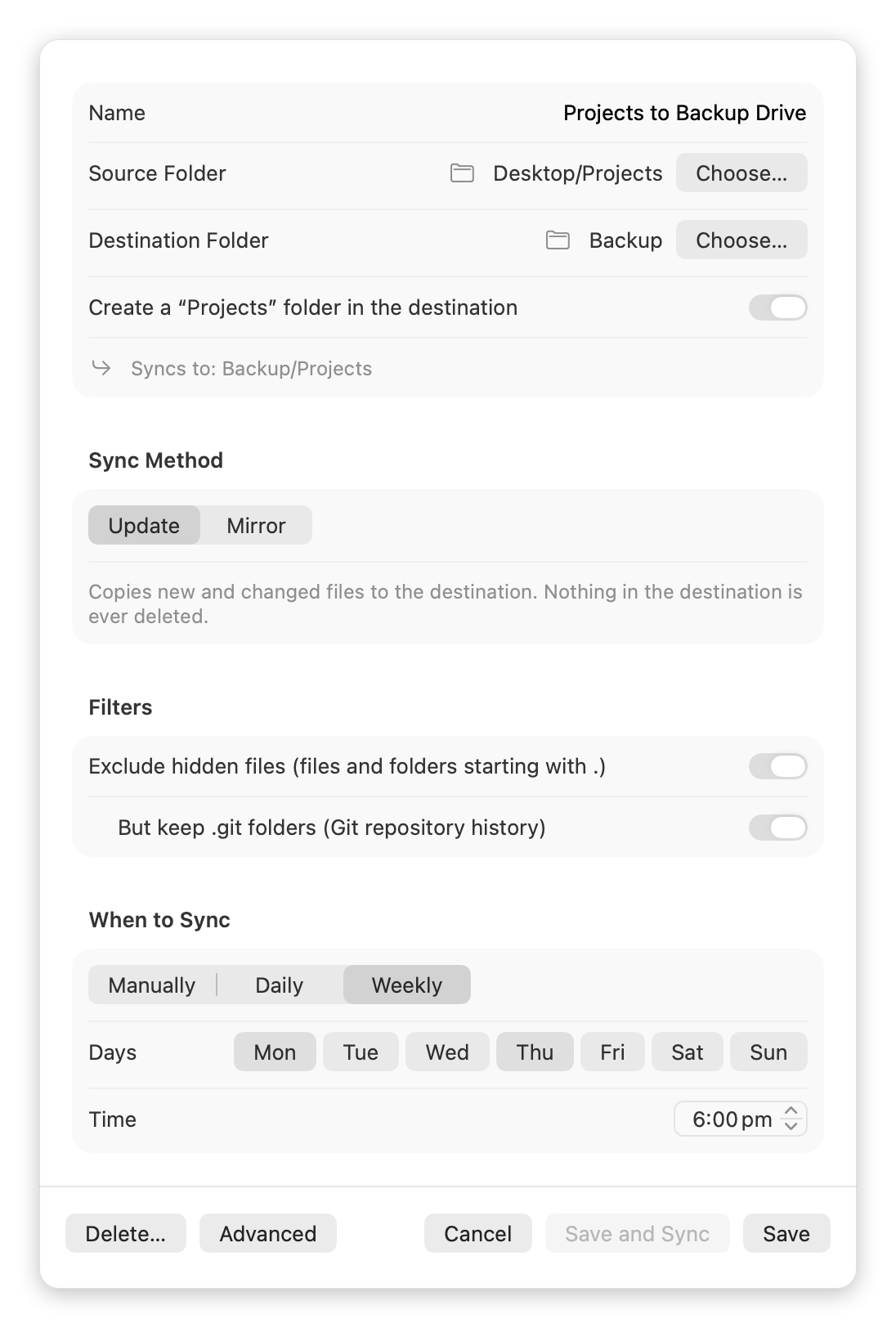 Task editor: source, destination, sync mode, filters and weekly schedule