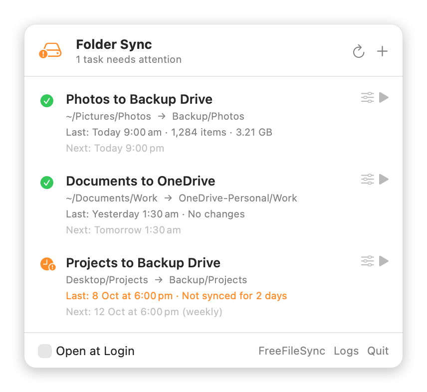 The SyncDock menu bar panel listing three sync tasks