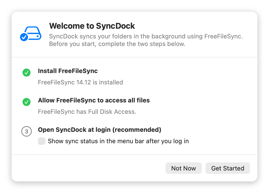 First-run setup: checking FreeFileSync and Full Disk Access